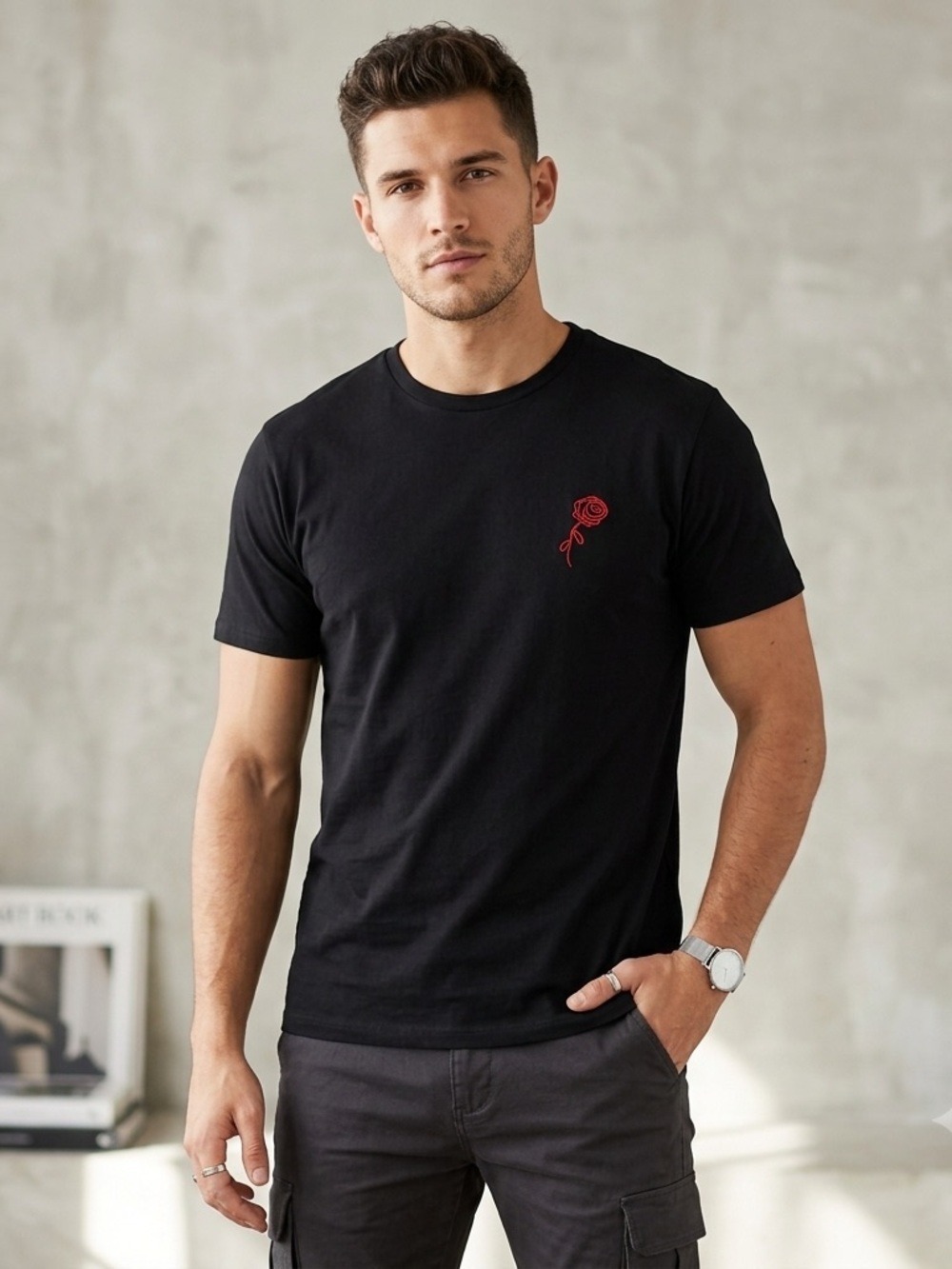 Forever 21 Men's Black Short Sleeve Tee with Red Rose Embroidery on Chest - Picture 6 of 6